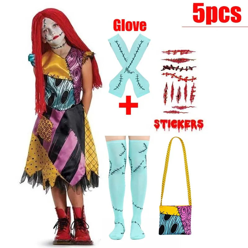 Kids Girls Boys Cosplay Scary Ghost Bride Sally Skeleton Jack Dress Striped Halloween Character Dress Up Costume
