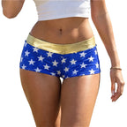 Women Blue White Star Print Shiny Stretch Boy Shorts High Waist Cosplay Costume Shorts Slim Fit Party Festival Clubwear Bottoms
