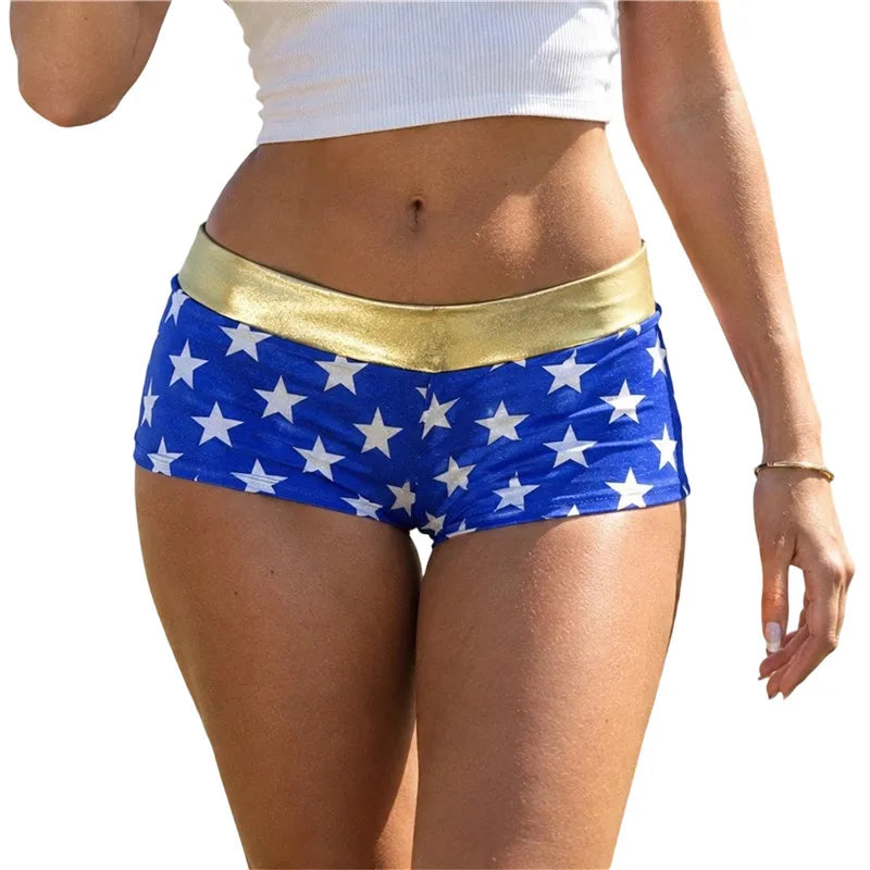 Women Blue White Star Print Shiny Stretch Boy Shorts High Waist Cosplay Costume Shorts Slim Fit Party Festival Clubwear Bottoms