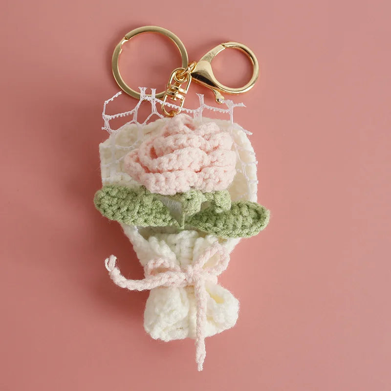 Crochet Flower Bouquet Keychain Handmade Floral Bag Charm
