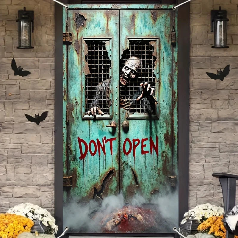 2D door banner, 1 piece, 2D/ flat horror skeleton zombie "Do not Open the Door" hanging door curtain, party decoration