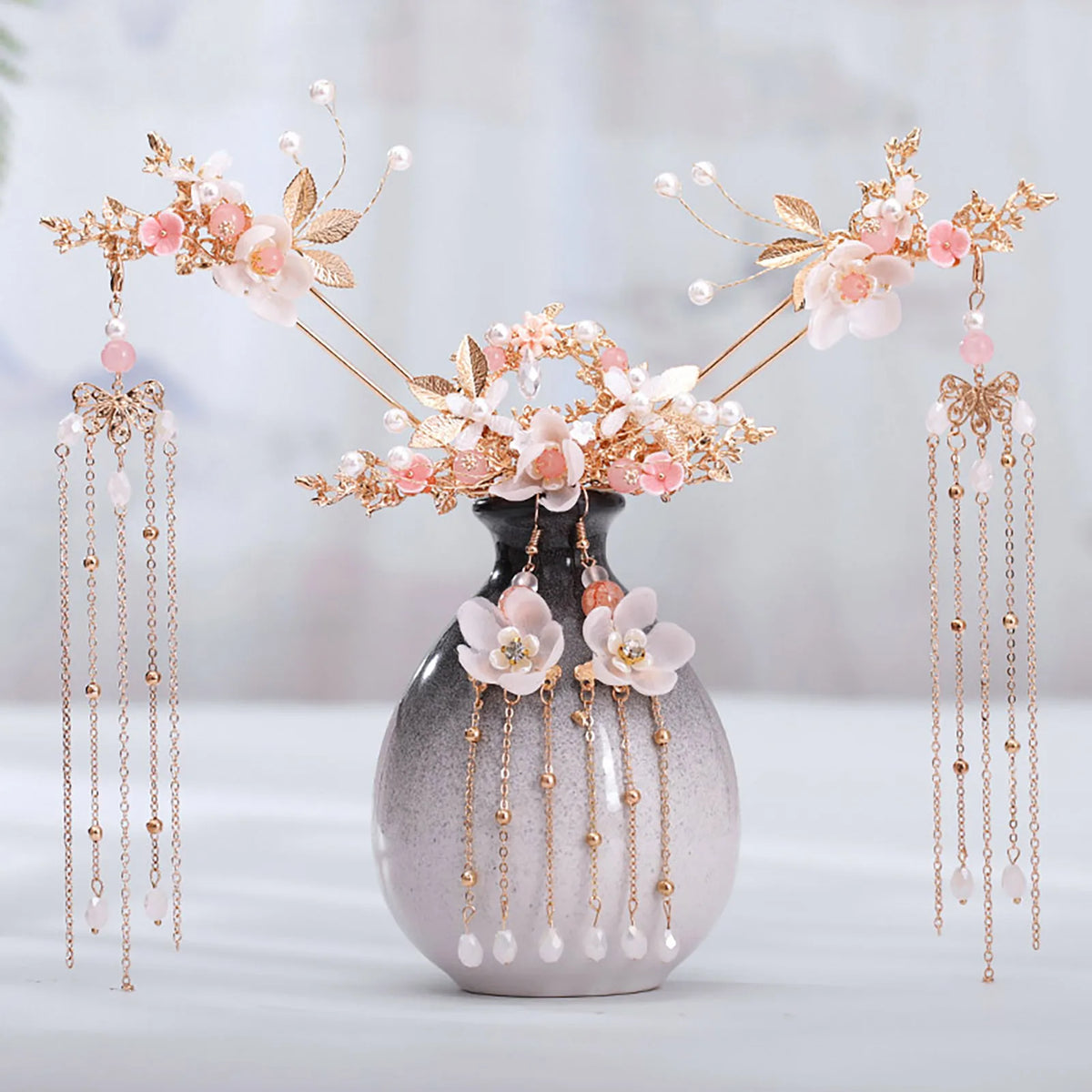 Chinese Hanfu Hair Stick Hairpin Earrings Hair Accessories Set Long Fringed Vintage Hairpin Flower Handmade Wedding Hair Jewelry