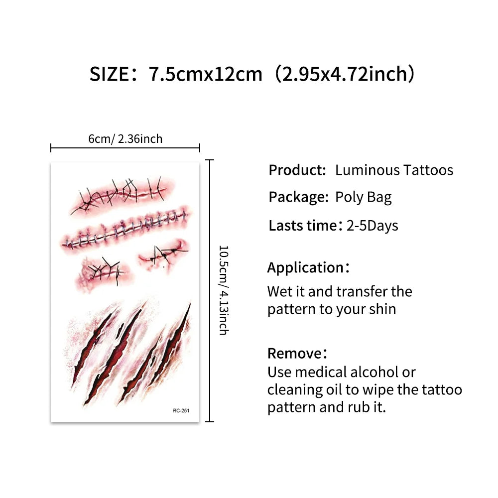 16 Pcs Halloween 3D Fake Scar Temporary Tattoos - Bloody Wound & Zombie Designs for Face/Body, Costume Party, Prank & Cosplay