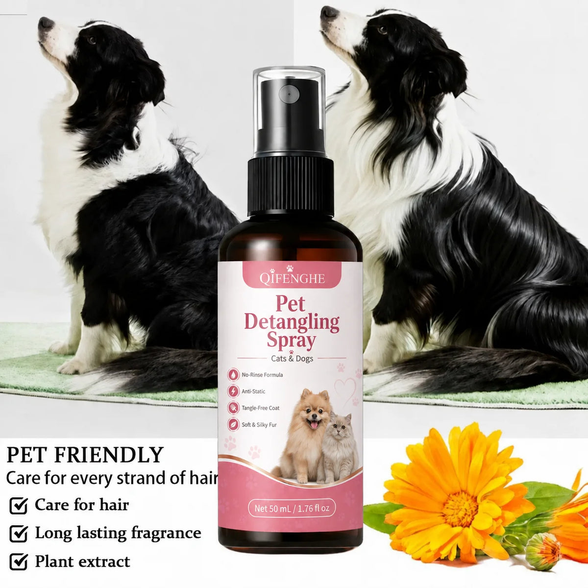 No Rinse Pet Detangler Spray for Long Hair Dogs Cats Removes Mats Knots Reduces Static Softens Fur Daily Grooming Care 50ml