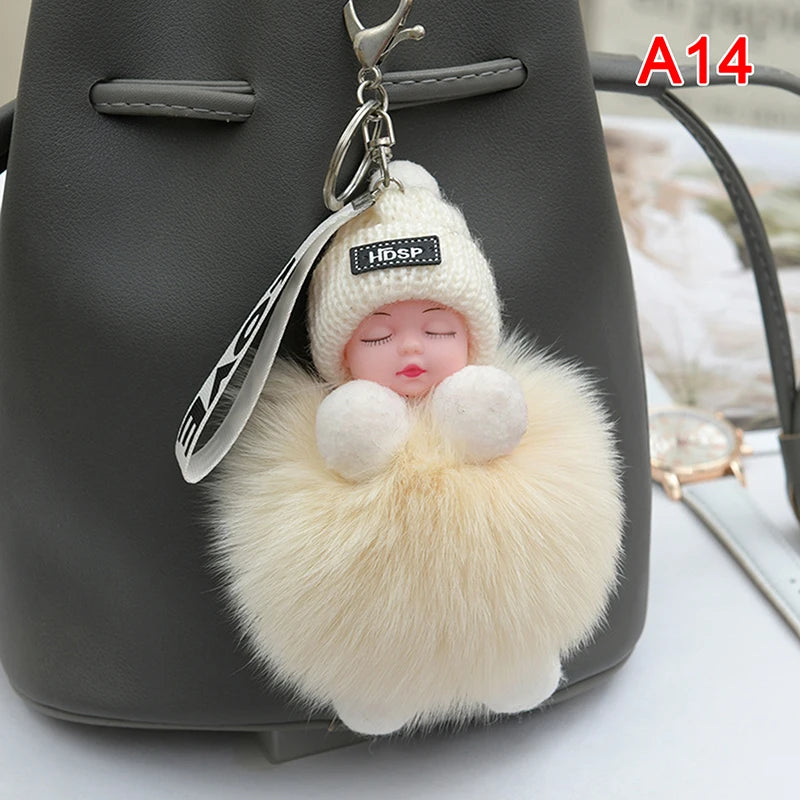 Sleeping Baby Pompom Plush Keychain Cute Fluffy Bag Charm