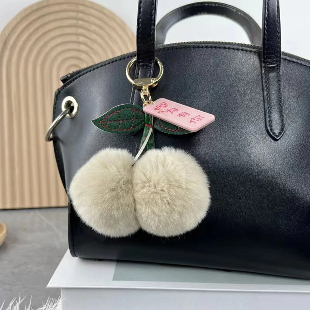 Cute Fluffy Cherry Fur Ball Keychain Bag Pendant Charm