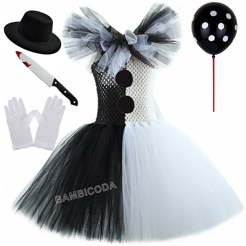 Girls Horror Clown Costume – Black & White Tutu Dress