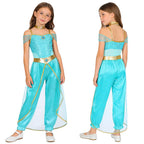 Girls Arabian Princess Costume Belly Dance Jumpsuit Shiny Sequin Tulle Overlay Satin Bodysuit for Halloween Theme Party Carnival