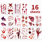 16 Pcs Halloween 3D Fake Scar Temporary Tattoos - Bloody Wound & Zombie Designs for Face/Body, Costume Party, Prank & Cosplay