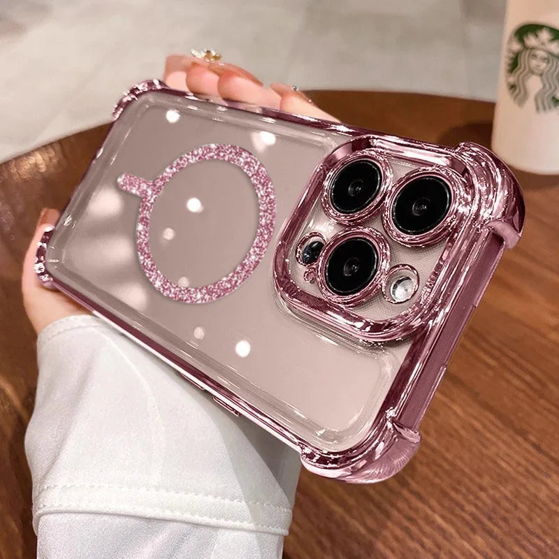 Transparent Plating Shockproof Glitter Magnetic Phone Case For iPhone 18 17 15 16 14 11 12 13 Pro Max Plus Air For Magsafe Cover