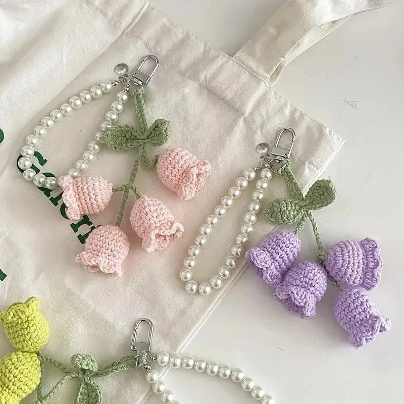 Elegant Floral Crochet Pearl Keychain Bluebell Bag Charm