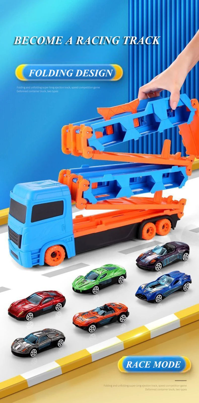 Large Car Transporter Truck with Folding Race Track & Alloy Cars