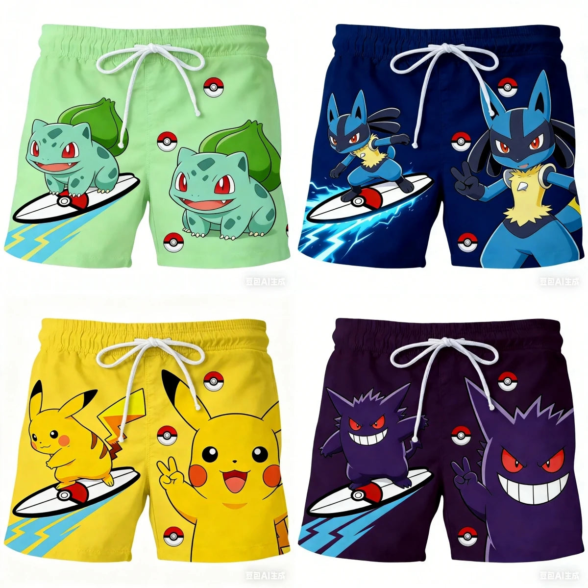 Pokemon Anime Beach Shorts for Men – 3D Printed Summer Trunks