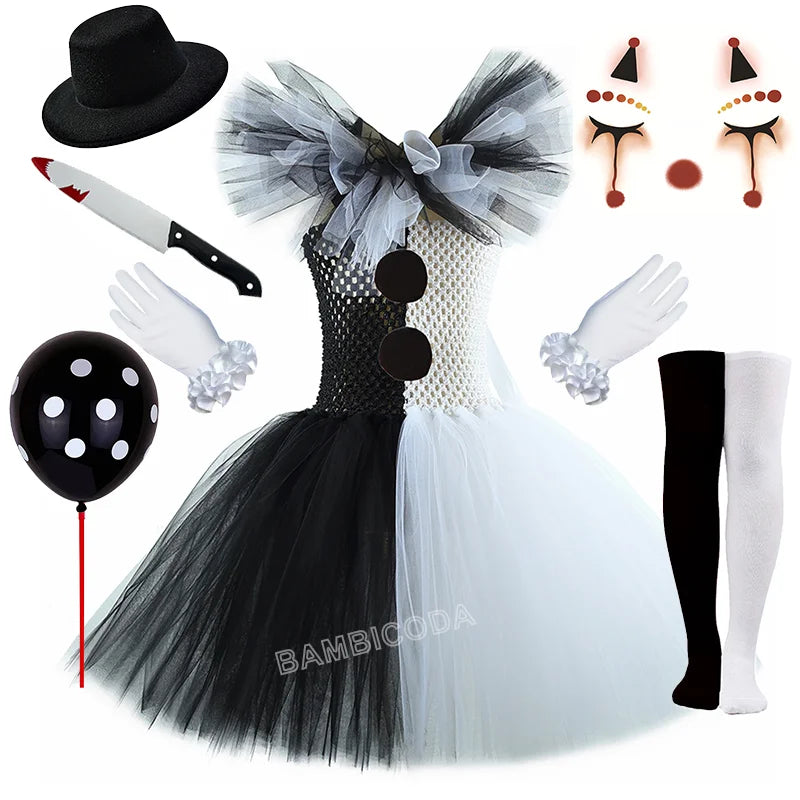 Girls Horror Clown Costume – Black & White Tutu Dress