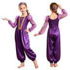 Girls Arabian Princess Costume Belly Dance Jumpsuit Shiny Sequin Tulle Overlay Satin Bodysuit for Halloween Theme Party Carnival