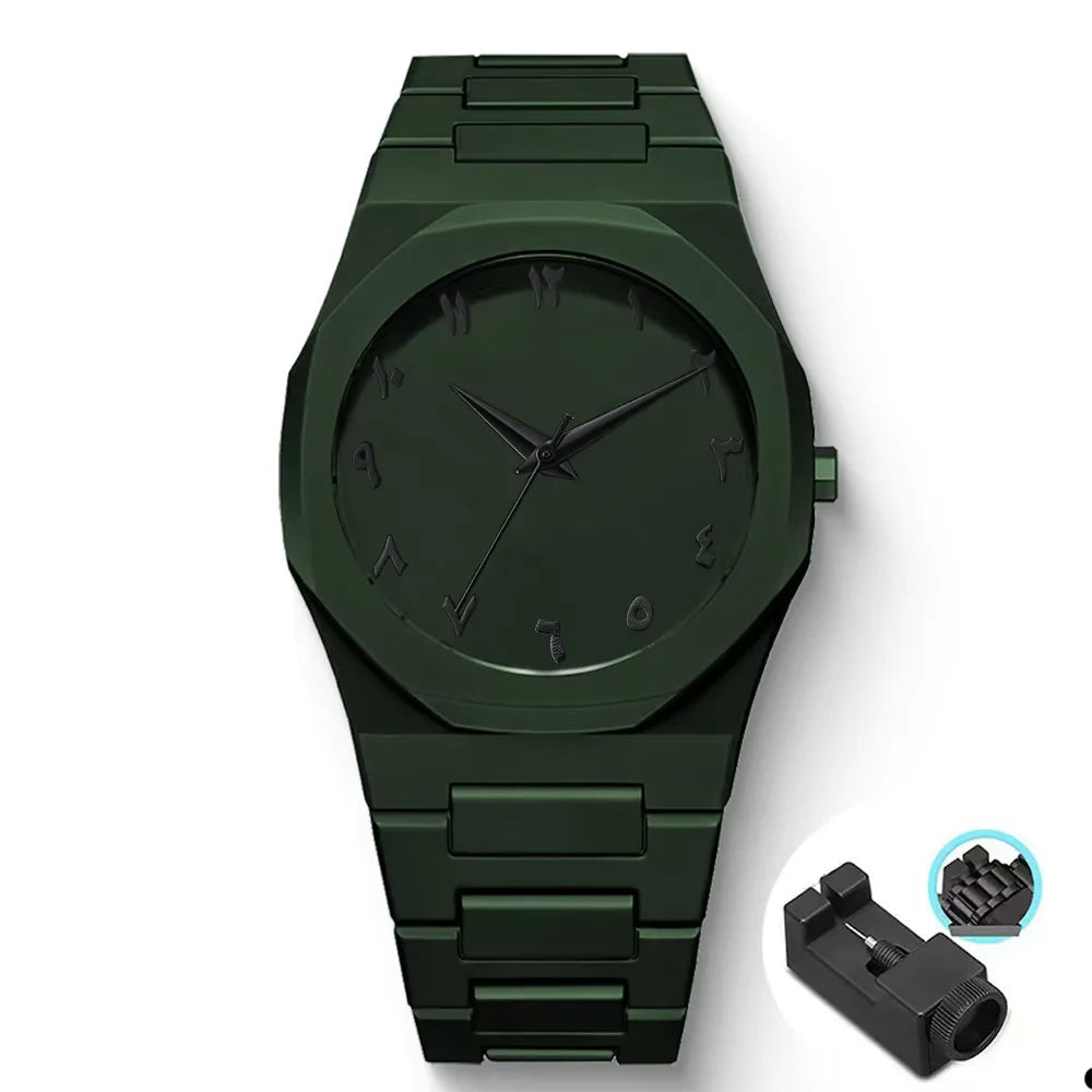 Men's Fashion Simple Black Large Dial Quartz Watch Casual Polycarbonate Butterfly Buckle Strap Male Waterproof Clock Wristwatch