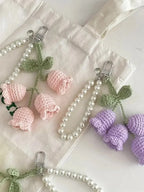 Elegant Floral Crochet Pearl Keychain Bluebell Bag Charm