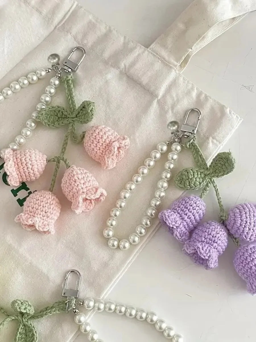 Elegant Floral Crochet Pearl Keychain Bluebell Bag Charm