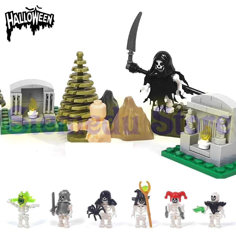 5PCS MOC Halloween Skeleton Army Mini Doll Ghost Building Block DIY Assembly Character Doll Horse Ornaments Figure Gift for Kids