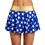 Women Blue White Star Print Shiny Stretch Boy Shorts High Waist Cosplay Costume Shorts Slim Fit Party Festival Clubwear Bottoms