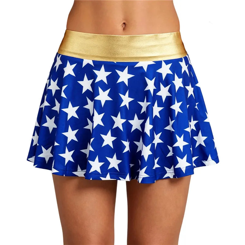 Women Blue White Star Print Shiny Stretch Boy Shorts High Waist Cosplay Costume Shorts Slim Fit Party Festival Clubwear Bottoms