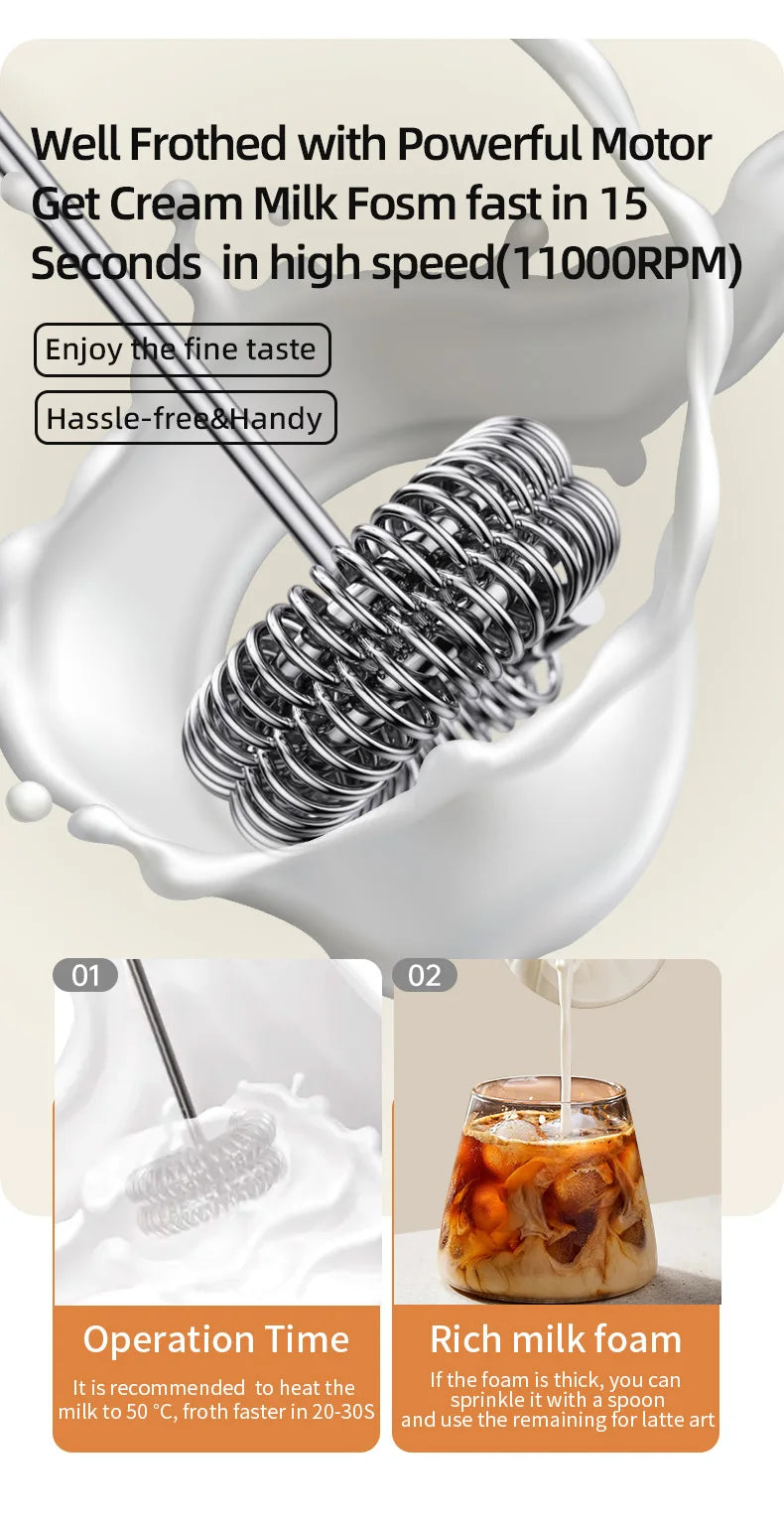 Wireless Electric Milk Frother Type-C Rechargeable Handheld Coffee Whisk Mixer