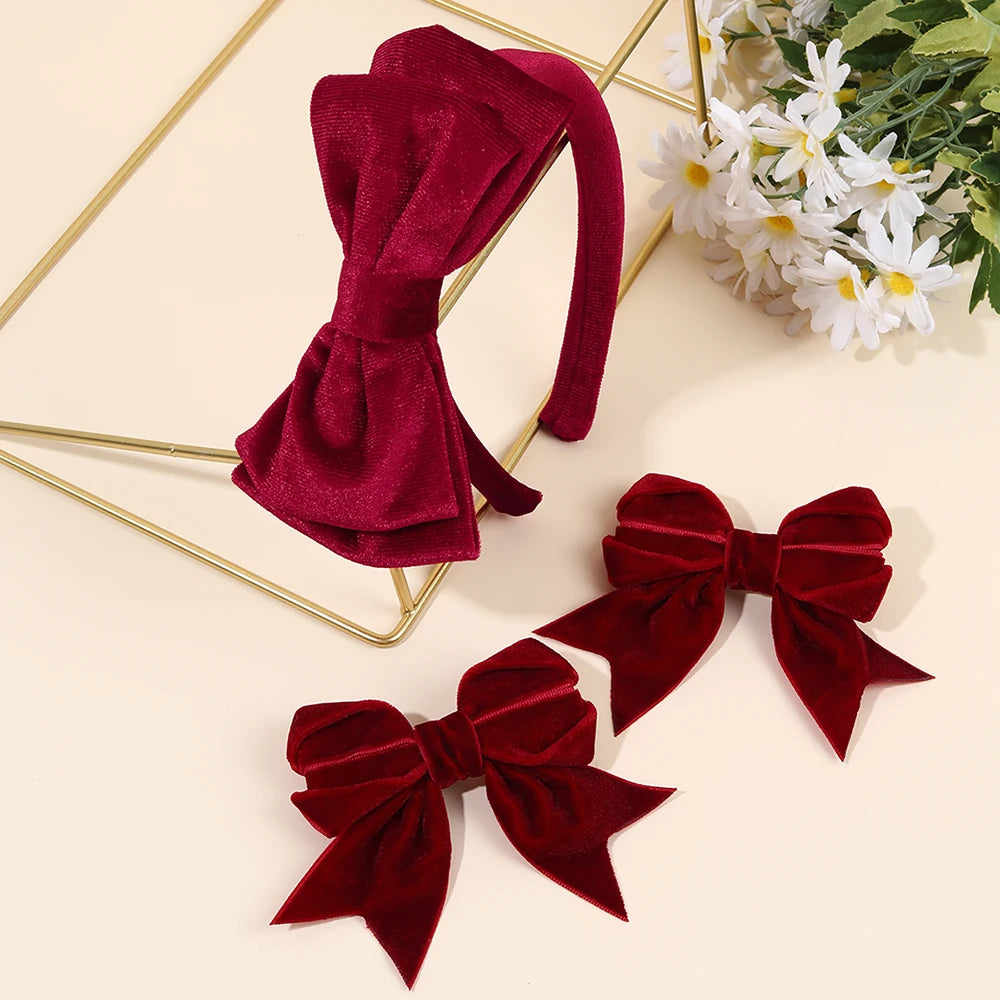 Solid Velvet Bow Headband For Girls Sweet Double-Layer Large Bownot Adjustable Hair Hoop Children Women Headwear Accessories