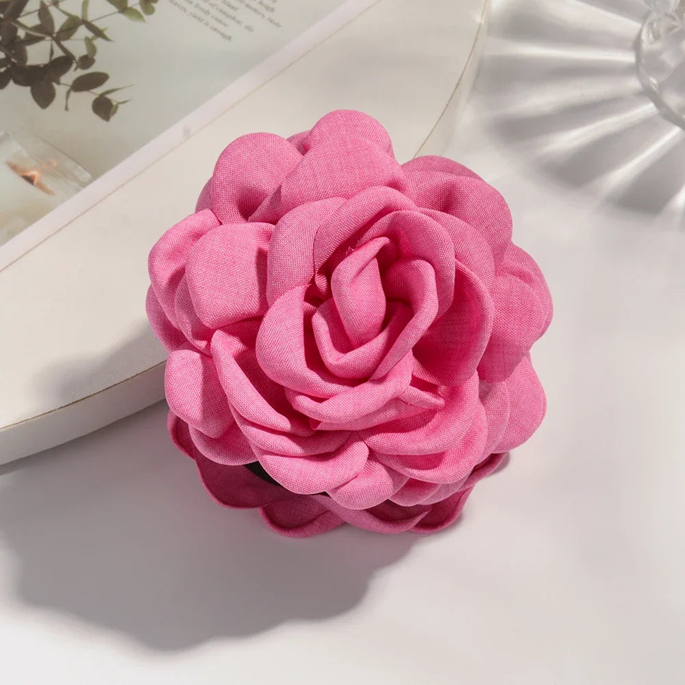 Cotton Rose Flower Hair Claw Clip – Medium Shark Clamp