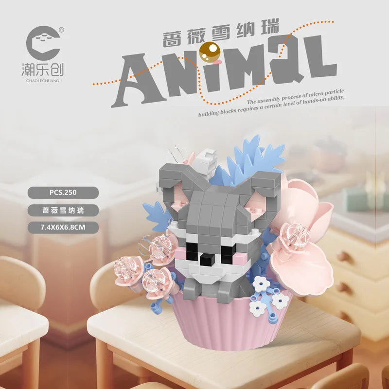 Cute Dessert Small Animals Potted Bouquet Cartoon Doll Panda Puppy Building Block Ornament Children Toys Gift