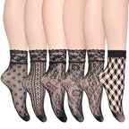 6-Pair /Set Summer Black White Sexy Lace Socks Thin Hollow Jacquard Fishing Net Short Stockings