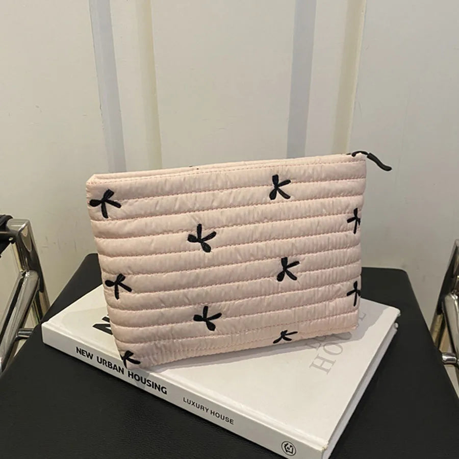 Cute Embroidered Bow Large Capacity Makeup Bag