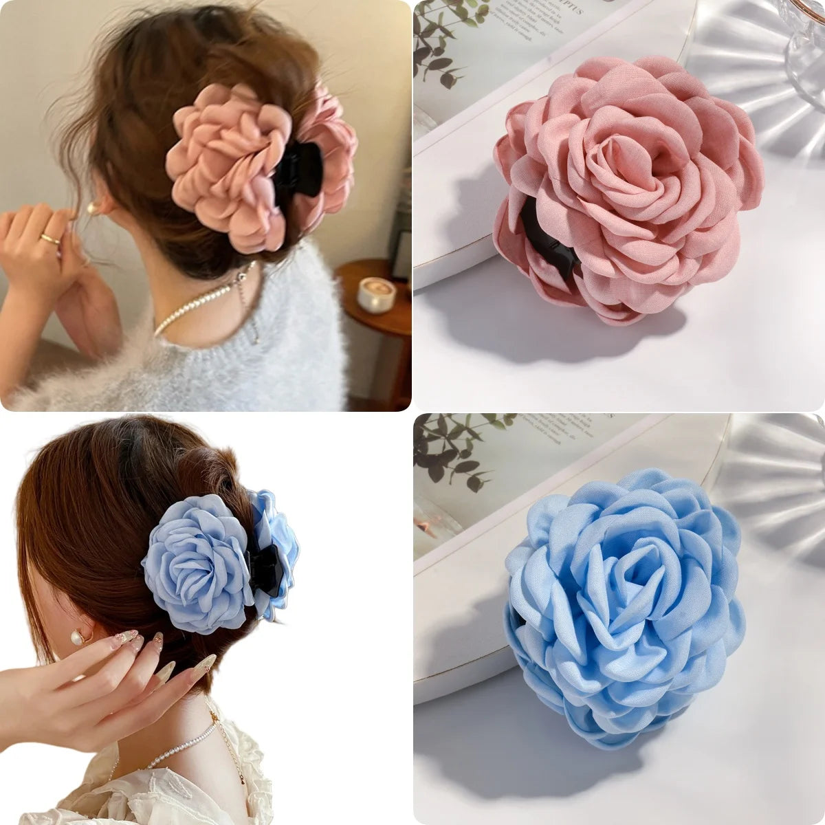 Cotton Rose Flower Hair Claw Clip – Medium Shark Clamp