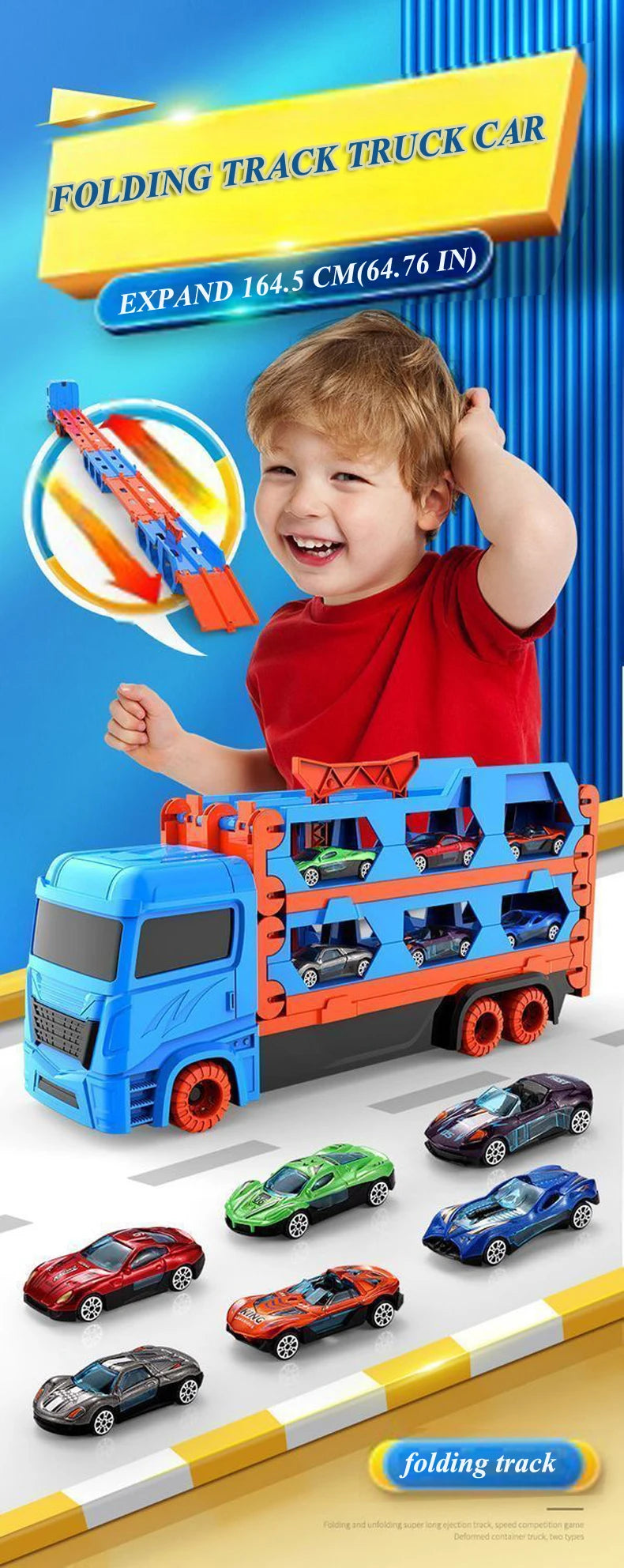 Large Car Transporter Truck with Folding Race Track & Alloy Cars