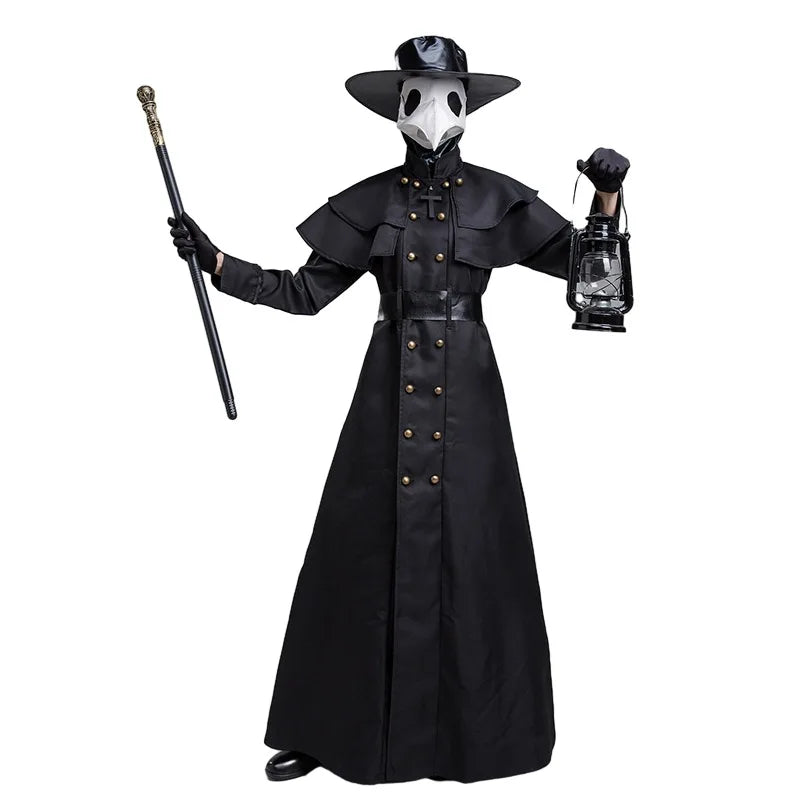 Halloween Medieval Hooded Robe Plague Doctor Costume Mask Hat for Men Monk Cosplay Steampunk Priest Horror Wizard Cloak Cape 5XL