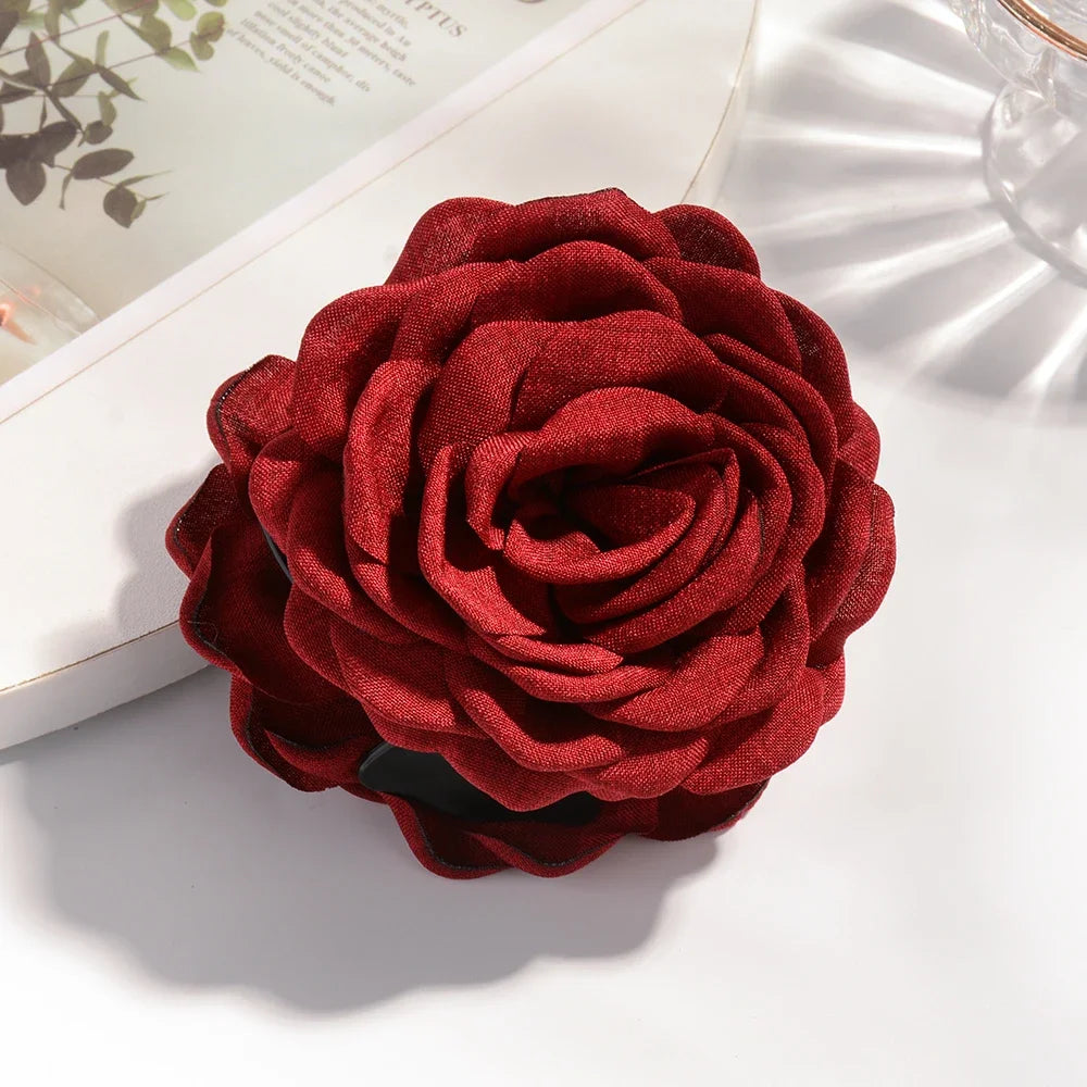 Cotton Rose Flower Hair Claw Clip – Medium Shark Clamp