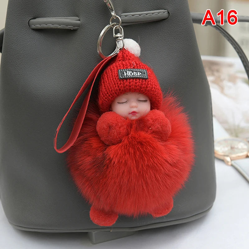 Sleeping Baby Pompom Plush Keychain Cute Fluffy Bag Charm