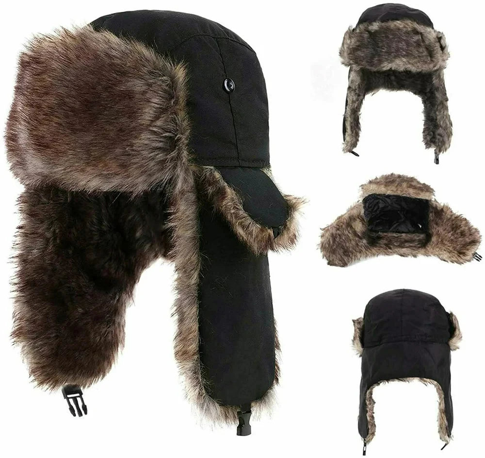 Men's Warm Soldier Hat Winter Pilot Patrolman Earmuffs Polyester Fiber Warm Russian Ski Hat Windproof Cold Pilot Hats