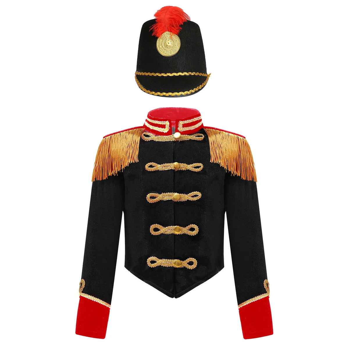 Girls Boys Halloween Nutcrackers Costume Set Drum Trumpet Team Tassel Jacket Coat Hat for Drummer Performance Circus Ringmaster