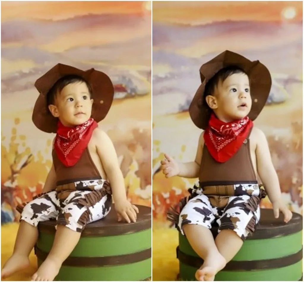 Baby Boy Clothes cowboy Costume Infant Toddler Cowboy Set 3Pcs Hat Scarf Romper  Birthday Holiday Cosplay Outfits