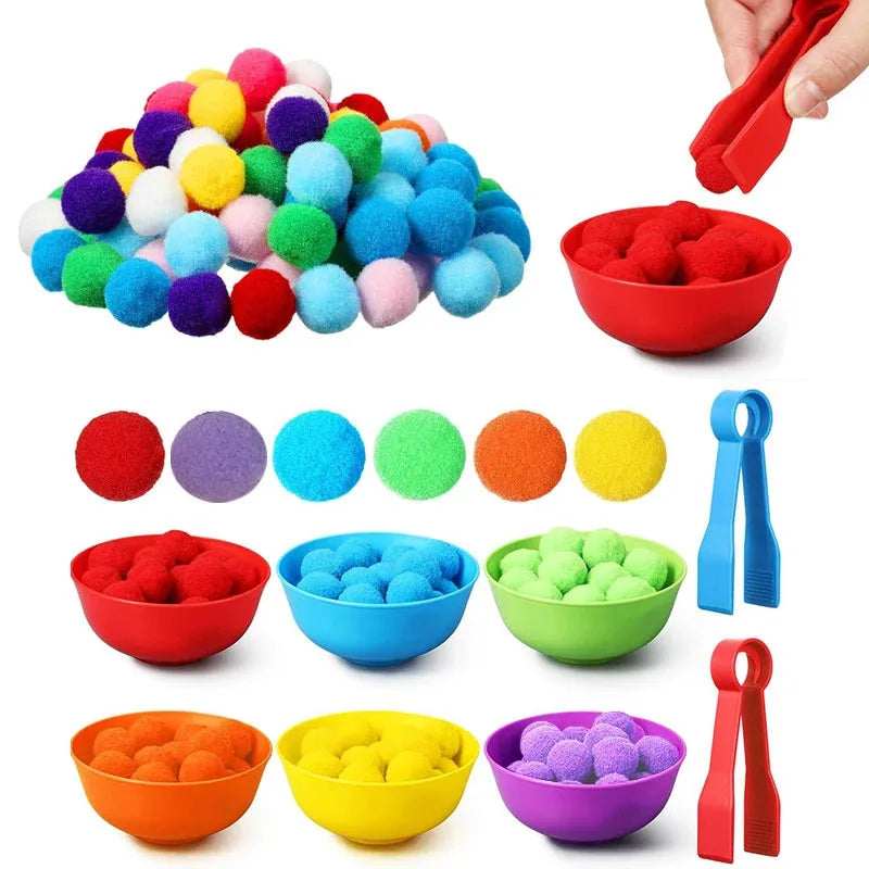 Children Counting and Sorting Toy with Pom Poms and Tweezers Set