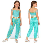 Girls Arabian Princess Costume Belly Dance Jumpsuit Shiny Sequin Tulle Overlay Satin Bodysuit for Halloween Theme Party Carnival