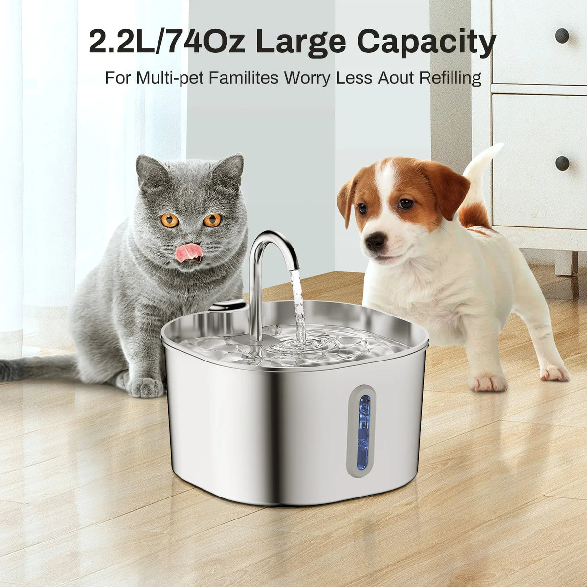 2.2L Automatic Cat Fountain Stainless Steel Pet Water Dispenser Silent Water Pump Circulation Filtering Visual Window