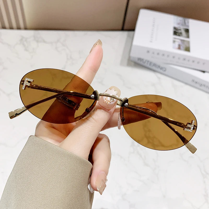 Oval Rimless UV400 Sunglasses Women Small Metal Frame Fashion Outdoor Shades