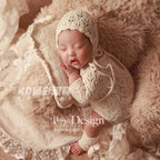 Vintage Style Newborn Photography Outfit Baby Knit Jumpsuit Romper + Hat + Socks for Photoshooting, Christening, Baby Shower