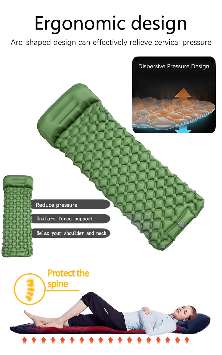 Ultralight Inflatable Camping Sleeping Pad with Built-In Pump & Pillow for Hiking