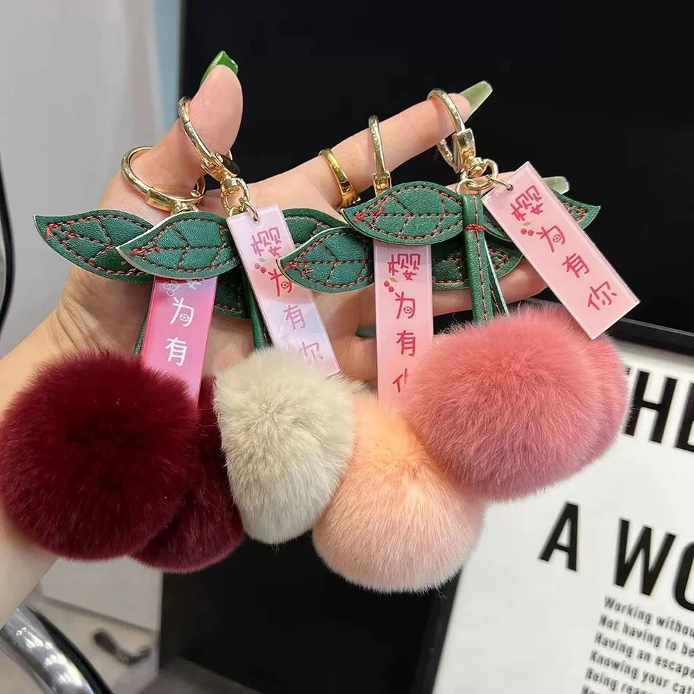 Cute Fluffy Cherry Fur Ball Keychain Bag Pendant Charm