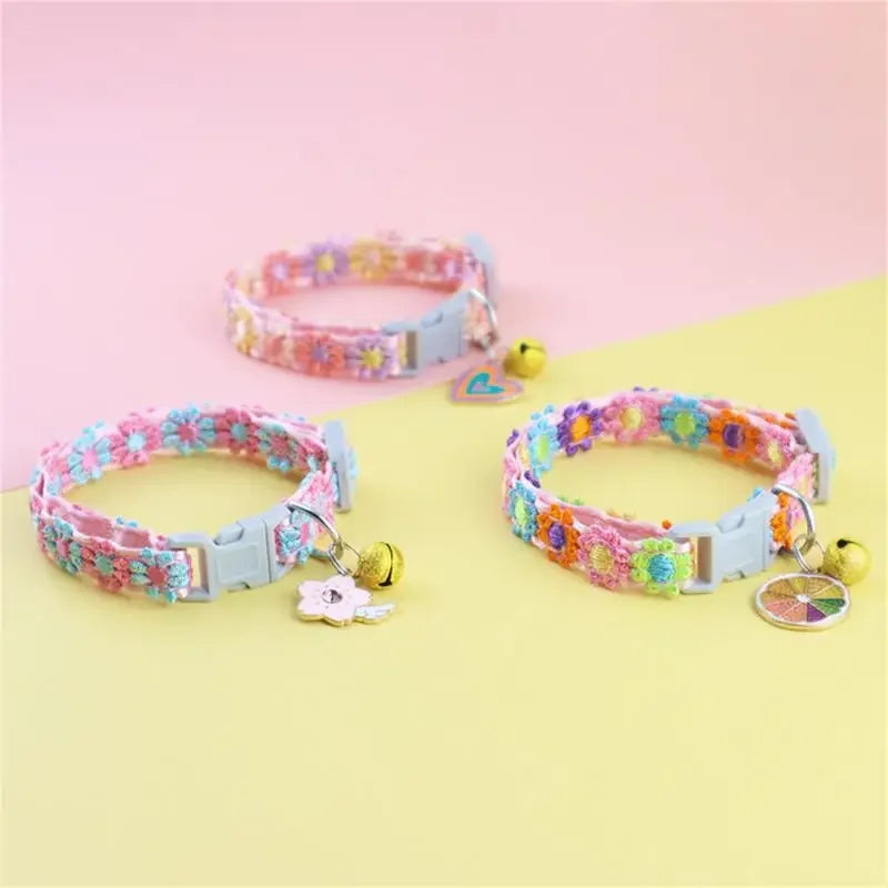 Fashion Rainbow Flower Cat Collar With Bell Kitten Puppy Necklace Adjustable Buckle Colorful Lace Kitten Collar Dog Accessories