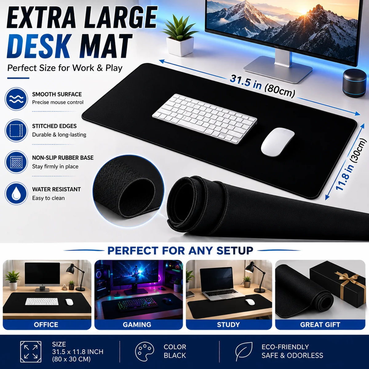 Large 90x40cm Gaming Mouse Pad Extended Desk Mat with Stitched Edge Non-Slip Rubber Base for PC Laptop Office And Home Use