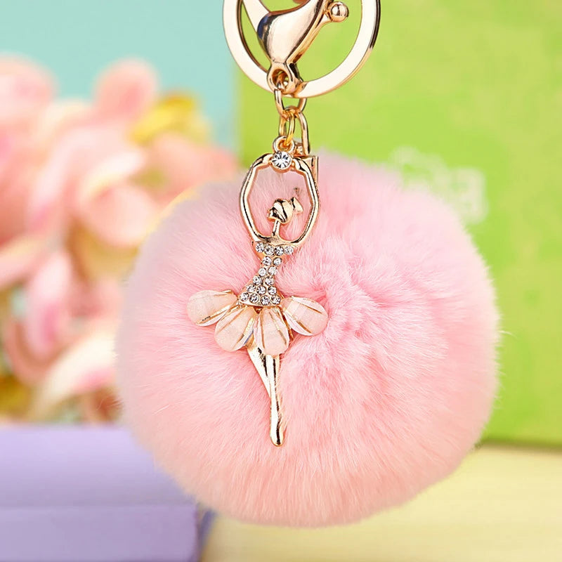 Rhinestone Ballet Dancer Plush Ball Keychain for Women and Girls