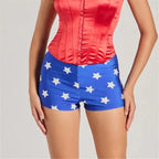 Women Blue White Star Print Shiny Stretch Boy Shorts High Waist Cosplay Costume Shorts Slim Fit Party Festival Clubwear Bottoms